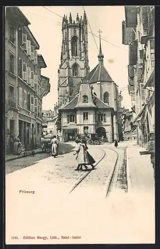 AK Fribourg, Strassenpartie mit Kirche