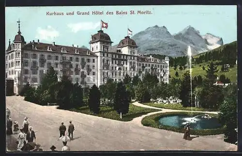 AK St. Moritz, Kurhaus und Grand-Hotel, davor Grünanlagen