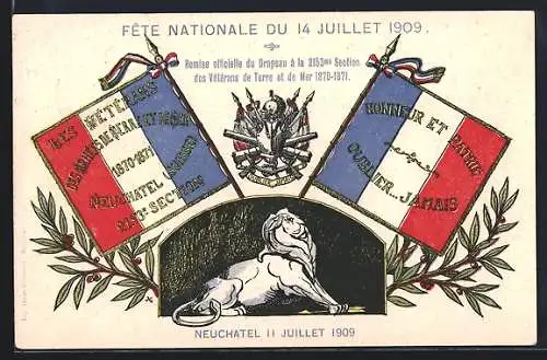 Künstler-AK Neuchatel, Fête Nationale du 14 Juillet 1909, Löwendenkmal mit Fahnen