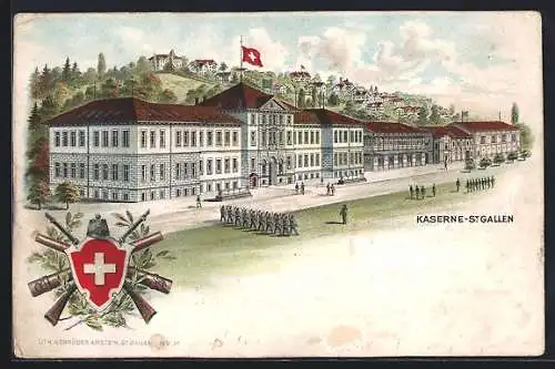 Lithographie St. Gallen, Partie an der Kaserne, Wappen