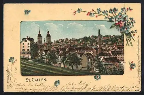 Passepartout-Lithographie St. Gallen, Teilansicht mit Kirche