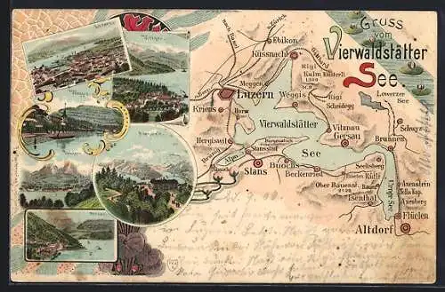 Lithographie Altdorf /Vierwaldstätter See, Weggis, Axenstein, Vitznau, Landkarte mit Gersau, Buochs und Stans