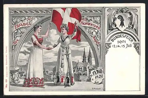 Lithographie Basel, Bundesfeier 1901, Ortspartie und zwei Frauen mit Schweizer Flagge