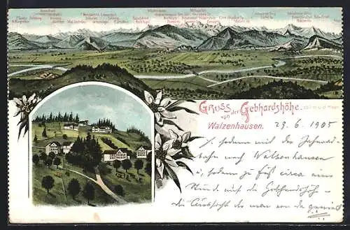 Lithographie Walzenhausen, Gebhardshöhe, Bergpanorama mit Sulzberg, Hangspitz und Widderstein