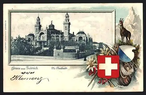 Passepartout-Lithographie Zürich, Die Tonhalle und Wappen