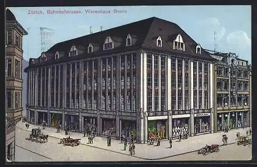 Künstler-AK Zürich, Bahnhofstrasse, Warenhaus Brann