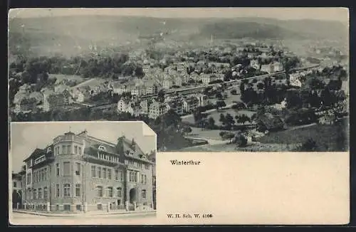 AK Winterthur, Grosses Eckgebäude, Ortsansicht aus der Vogelschau