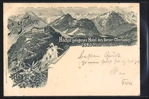 Lithographie Faulhorn, Hotel Fritz Bohren, Alpen-Panorama