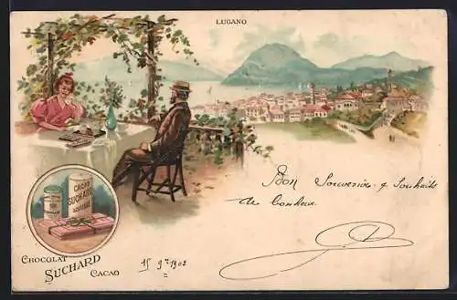 Lithographie Lugano, Ortsansicht mit einem Paar am Teetisch, Schokolade, Reklame Suchard