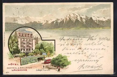 Lithographie Lausanne, Hotel Central & Bellevue, See und Gebirge