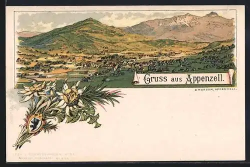 Lithographie Appenzell, Ortsansicht mit Umgebung