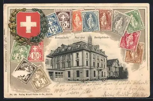 Passepartout-Lithographie Romanshorn, Post und Bankgebäude, Briefmarken, Wappen