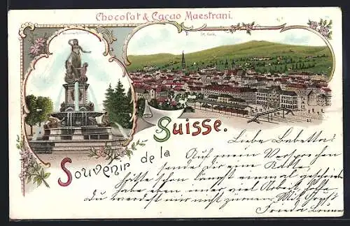 Lithographie St. Gallen, Monumentalbrunnen, Ortsansicht aus der Vogelschau