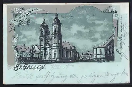 Mondschein-Lithographie St. Gallen, Ansicht der Domkirche