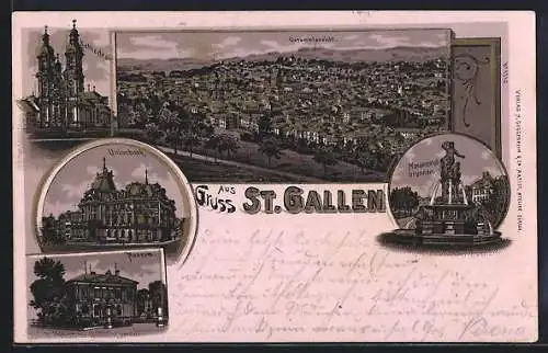 Lithographie St. Gallen, Kathedrale, Unionbank, Museum, Gesamtansicht