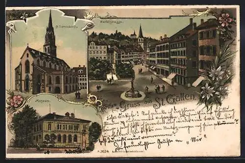 Lithographie St. Gallen, Marktstrasse, St. Lorenzkirche, Museum