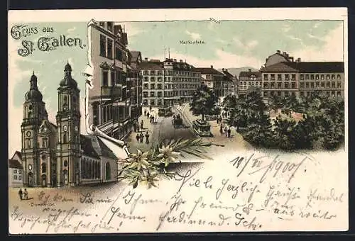 Lithographie St. Gallen, Marktplatz mit Strassenbahnen, Domkirche