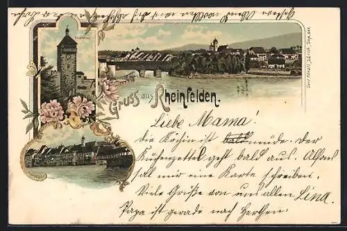 Lithographie Rheinfelden, Oberthor, Gedeckte Brücke