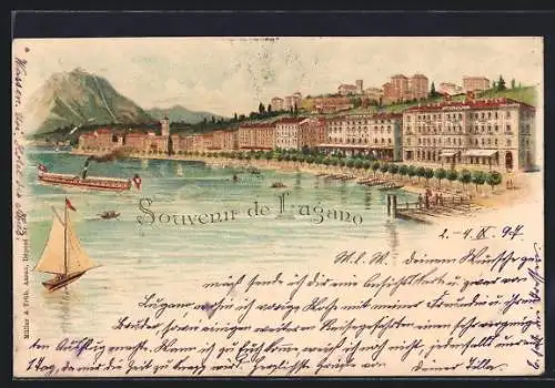 Lithographie Lugano, Partie am Hafen, Dampfer auf dem See