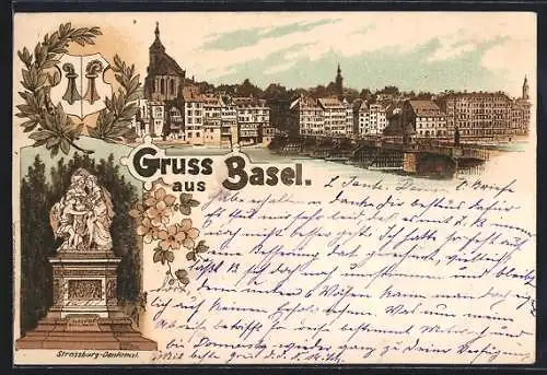 Lithographie Basel, Strassburg-Denkmal, Teilansicht mit Brücke und Kirche