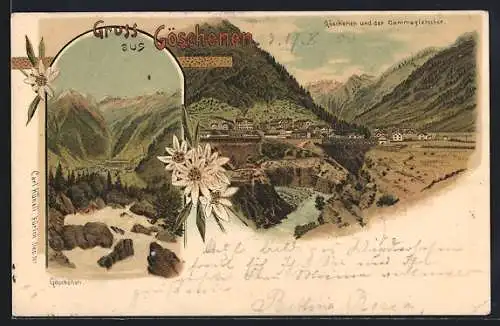 Lithographie Göschenen, Ortsansicht gegen Dammagletscher, Edelweiss