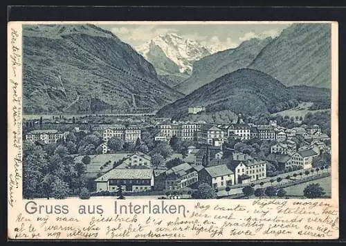 Lithographie Interlaken, Blick über die Stadt zur Jungfrau