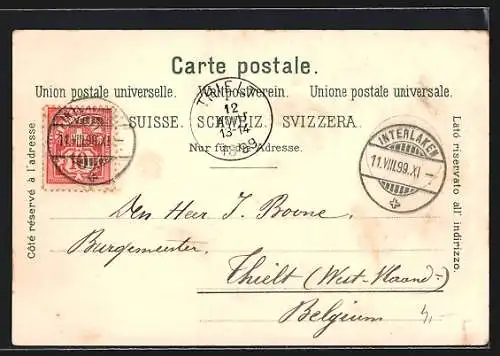 Lithographie Interlaken, Blick über die Stadt zur Jungfrau