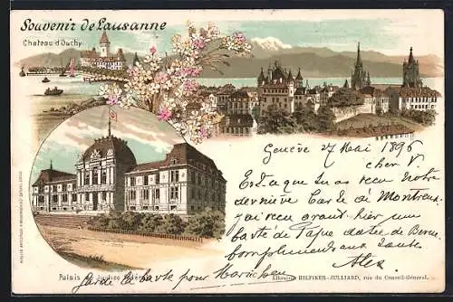 Lithographie Lausanne, Chateau d`Ouchy, Palais de Justice federal