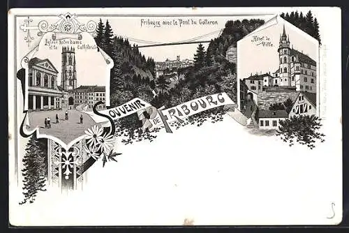 Lithographie Fribourg, Hotel de Ville, Eglise Notre Dame et la Cathedrale