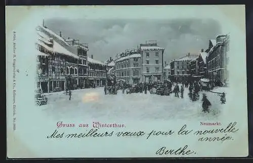 Mondschein-Lithographie Winterthur, Neumarkt, Häuser mit Glitzerperlen