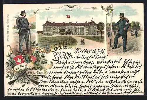 Lithographie Bern, Kaserne, Soldaten in Uniform