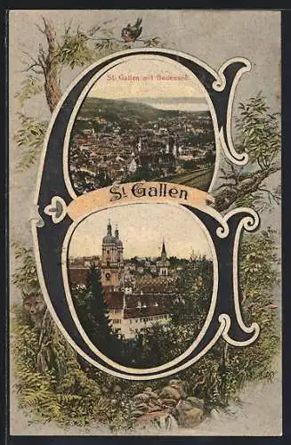 AK St. Gallen, Ortspartie, Totale des Ortes mit dem Bodensee, Buchstabe G