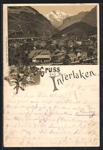 Lithographie Interlaken, Teilansicht gegen die Jungfrau