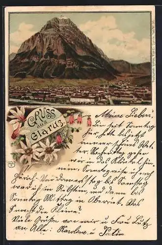 Lithographie Glarus, Ortsansicht mit Berg, Edelweiss