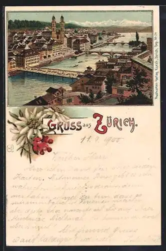 Lithographie Zürich, Totalansicht mit Limmat