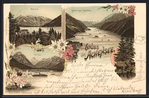 Lithographie Pertisau, Dampfer passiert den Ort, Blick über den Achensee auf Achenkirch, Seespitz, Segelboote