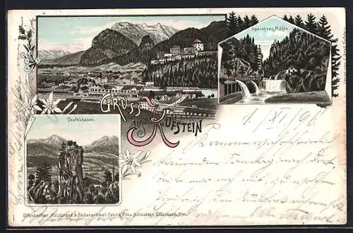 Lithographie Kufstein, Ortspanorama, Teufelskanzel, Sparchner Mühle