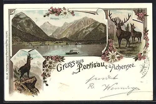 Lithographie Pertisau, Blick über den Achensee zum Ort, Gemse, Hirsch, Dampfer