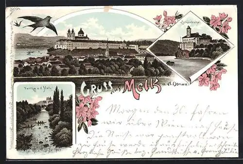 Lithographie Melk, Ortsansicht mit Stift, Schönbühel, Partie an der Melk