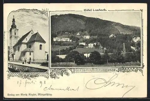 AK Mürzzuschlag, Hotel Lambach, Kirche