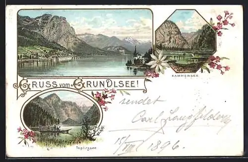 Lithographie Grundlsee, Ortsansicht mit See und Bergpanorama, Bootspartie im Toplitzsee, Kammersee-Partie