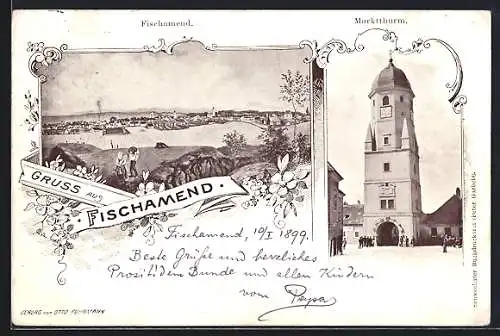 AK Fischamend, Marktturm mit Leuten