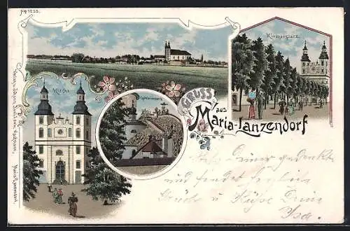 Lithographie Maria-Lanzendorf, Kirchenplatz, Ortsansicht und Kirche