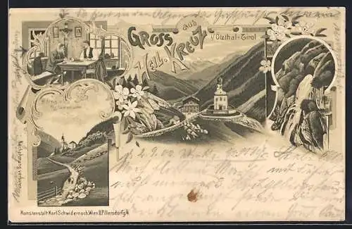 Lithographie Sölden im Ötzthal, Heiligkreuz, Wasserfall