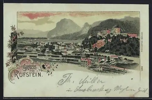 Lithographie Kufstein, Ortsansicht mit Bahnhof und Burgberg