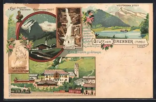 Lithographie Brenner, Brenner See mit Wolfendorfn, Eisack Fall, v. Etzel Erbauer der Brennerbahn