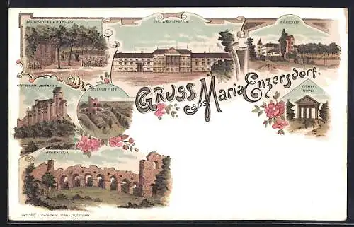 Lithographie Maria Enzersdorf, Gasthaus Wällischhof, Restaurant Liechtenstein, Husaren-Tempel