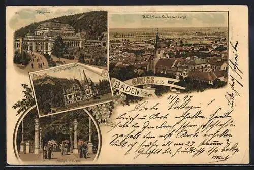 Lithographie Baden /Wien, Ortsansicht vom Calvarienberg, Kursalon, Villa Erzherzog Wilhelm, Kurpromenade