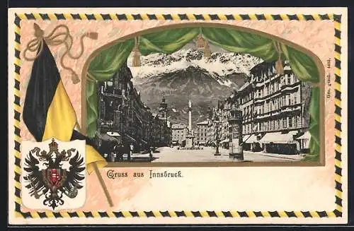 AK Innsbruck, Ortspartie mit Passepartoutrahmen Flagge und Wappen