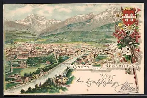 Vorläufer-Lithographie Innsbruck, 1895, Teilansicht mit Blaser, Seile und Waldrast od. Serlosspitze